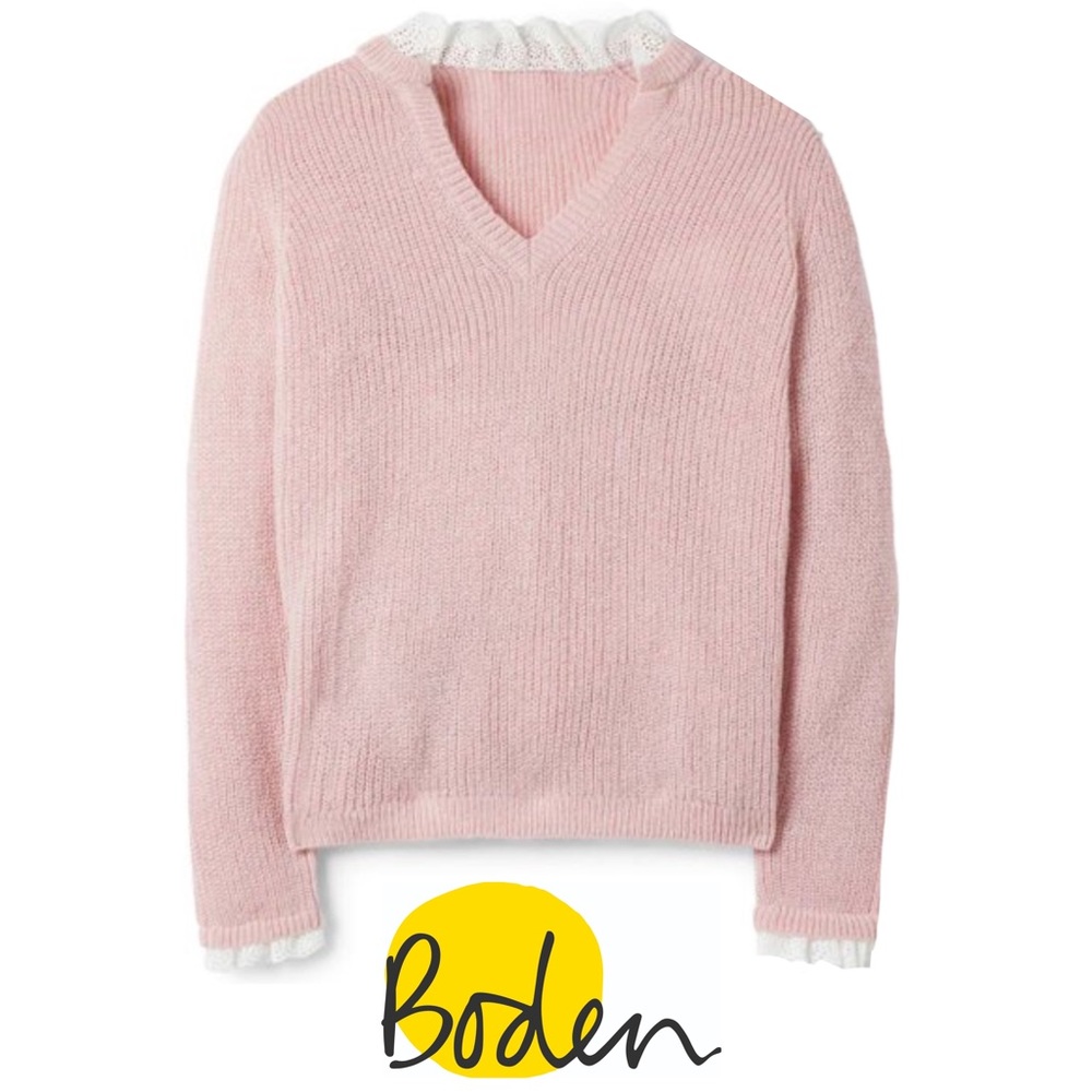 Boden Fluffy Ribbed Knit V-Neck Sweater, Light Pink•Ivory Eyelet, Sz 4/S-M NWT